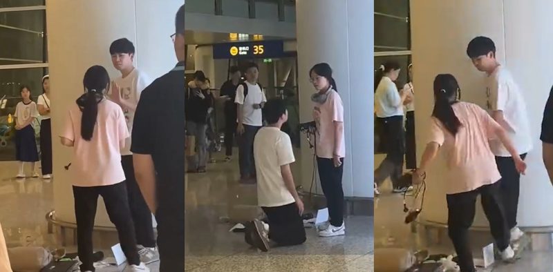 小情侣机场起冲突 女生暴打男友后逼其下跪道歉 舔狗真是卑微的脸都不要了！-51吃瓜网
